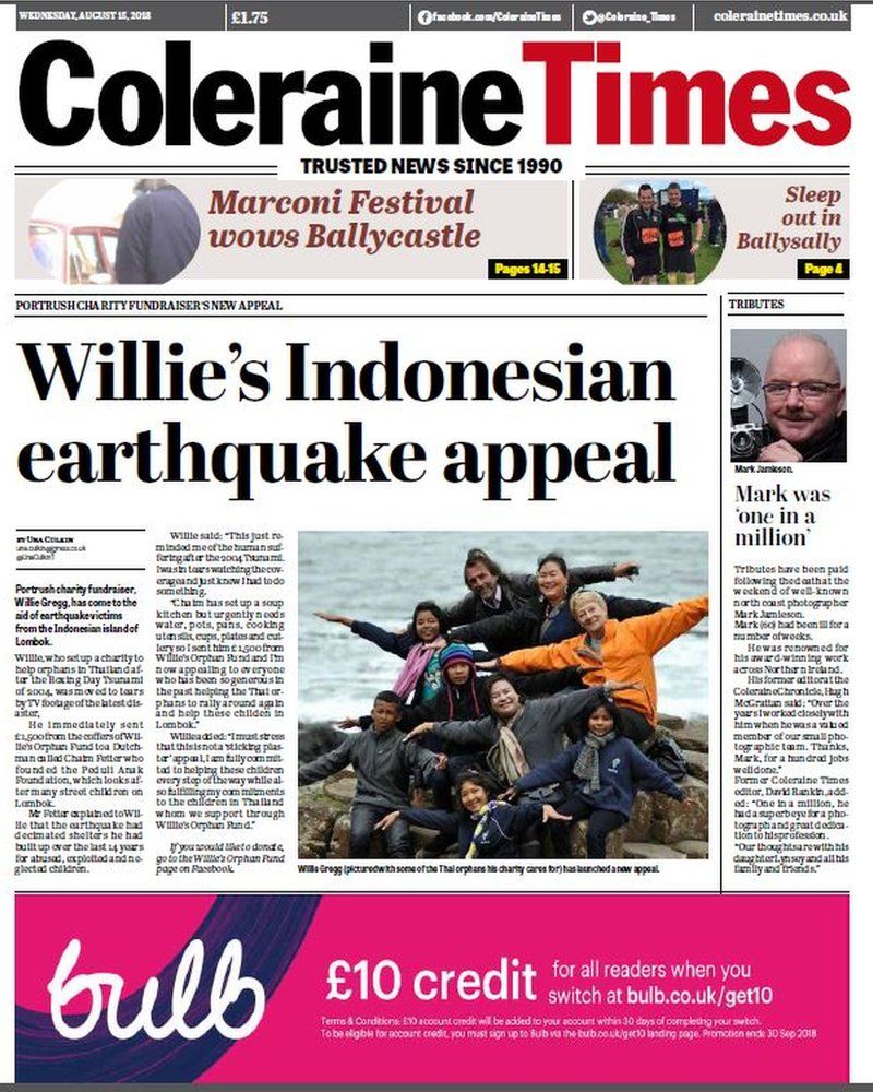 Front page of the Coleraine Times