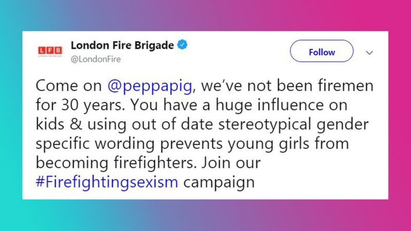 Post on Twitter by London Fire Brigade criticising the children's programme Peppa Pig.