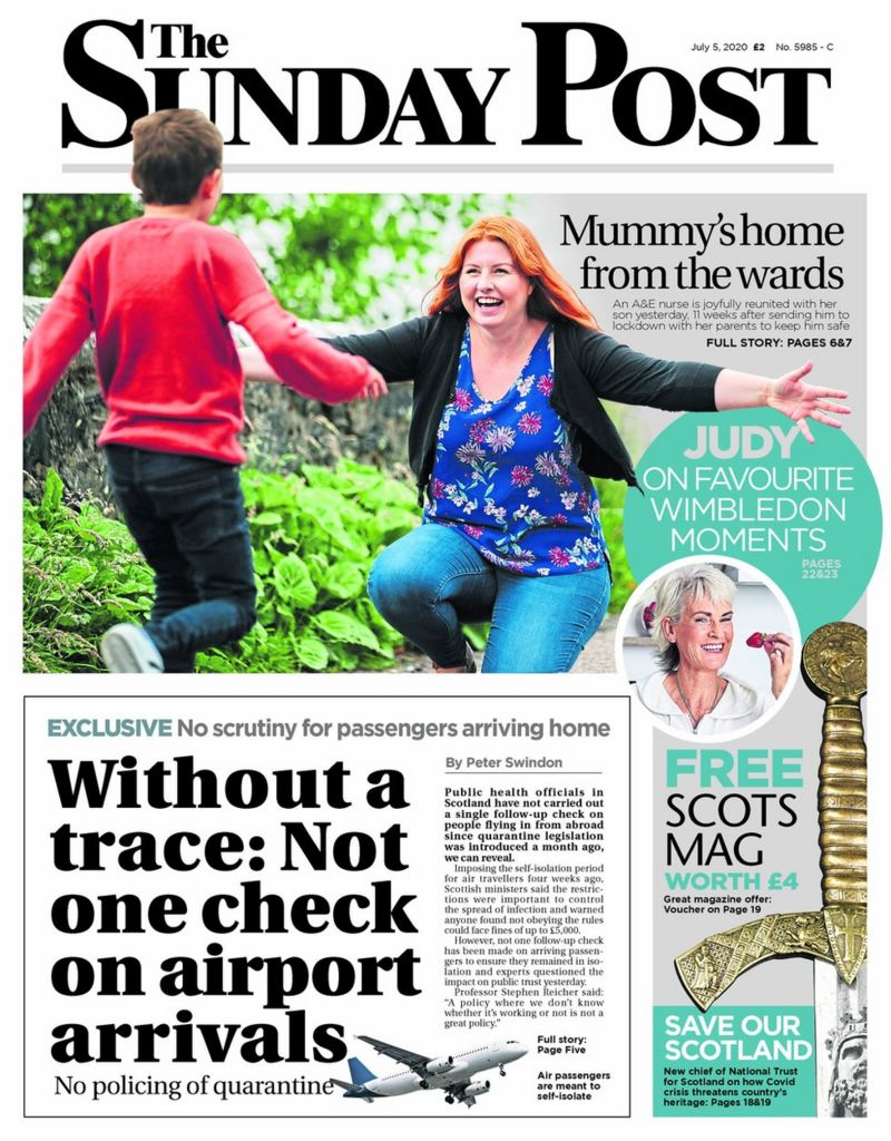 Scotland's papers No quarantine follow up checks and tourism returns BBC News