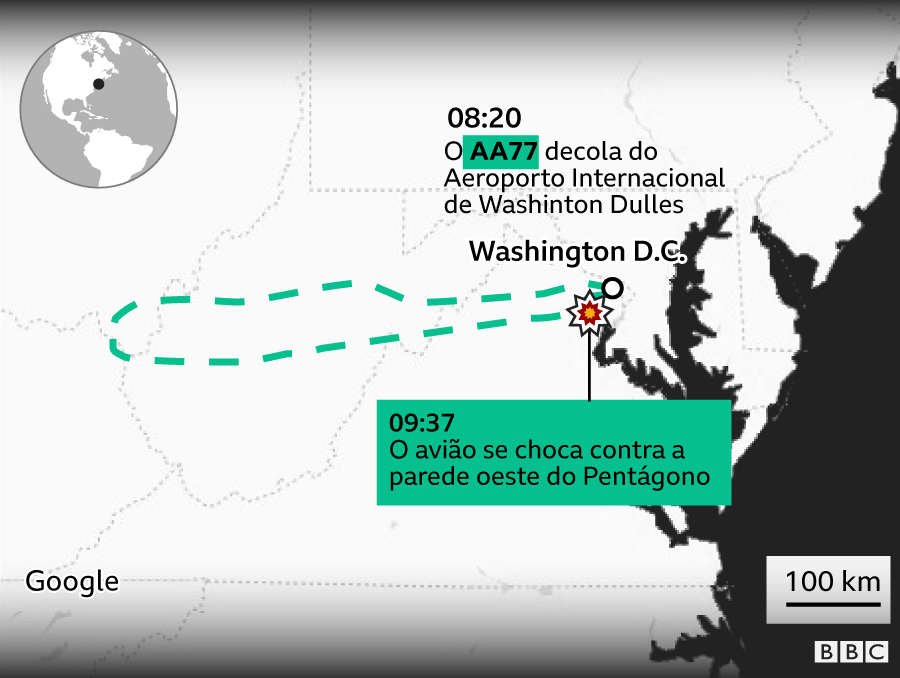 Infográfico do percurso do voo AA77 do aeroporto em Washington D.C. até o Pentágono