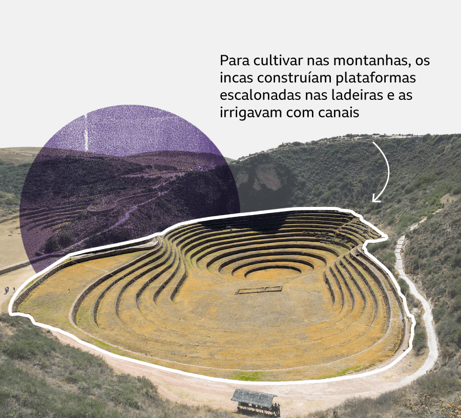 Foto atual de um "andén" inca, terraço de cultivo, em um sítio arqueológico no Peru