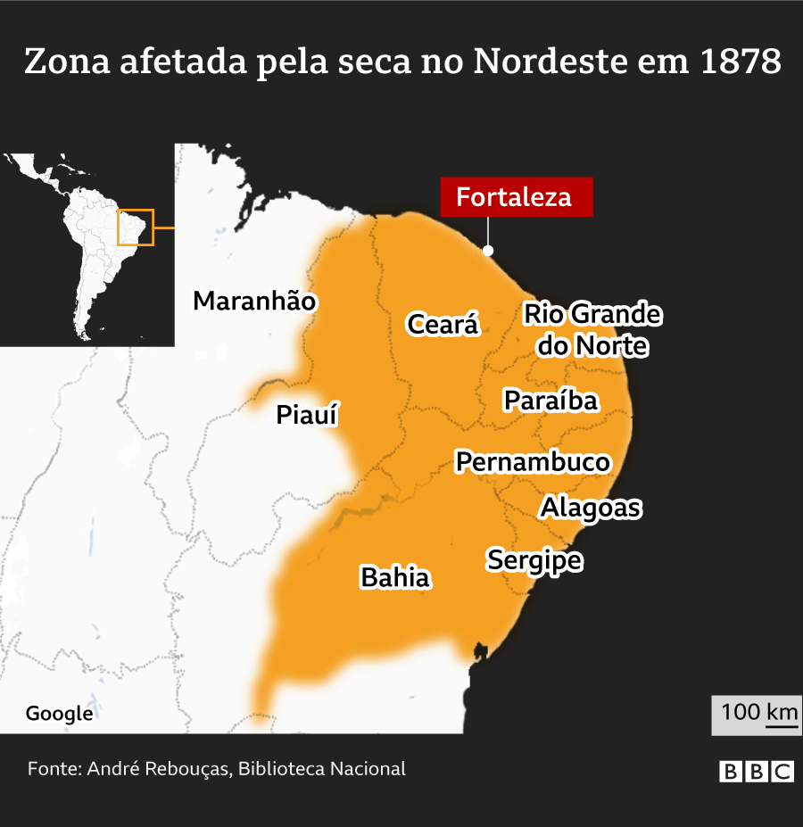 Mapa da região afetada pela seca em 1877-79 no Nordeste brasileiro