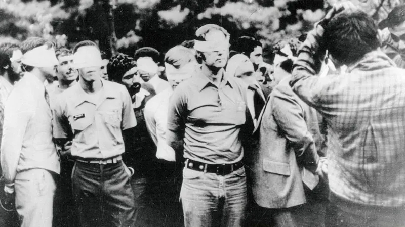 https://ichef.bbci.co.uk/news/800/cpsprodpb/edc7/live/1e929440-7e79-11ef-a4d3-09b59abdbf71.jpg.webp American hostages being paraded by their militant Iranian captors after the US embassy was occupied