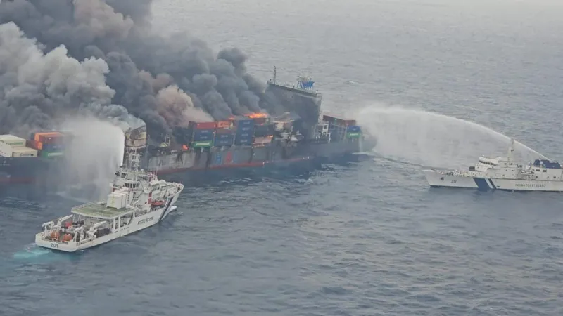 Four crew members missing as Singapore-flagged cargo ship burns off India coast