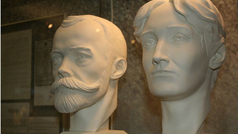 Busts of the late Tsar Nicholas II and his wife Alexandra on display at the Russian State Archives in Moscow
