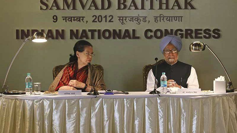 Congress party president Sonia Gandhi, left, with Indian Prime Minister Manmohan Singh at “Samvad Baithak” or Dialogue Meeting with Congress top leaders in Surajkund on the outskirts of New Delhi, India, Friday, Nov. 9, 2012.