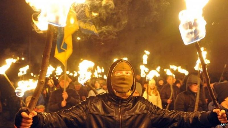 Ukraines Far Right Svoboda Party Hold Torch Lit Kiev March Bbc News