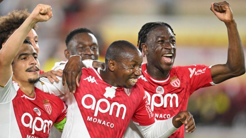 Monaco players celebrate a goal during a game against Nantes