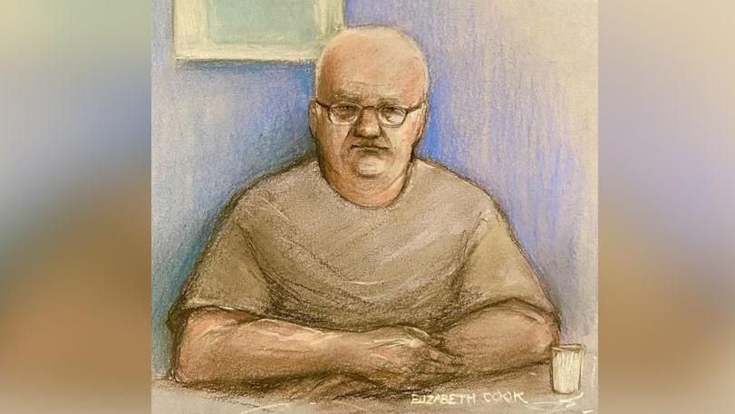 Artist's impression of Steve Wright appearing via video link at Ipswich Magistrates' Court