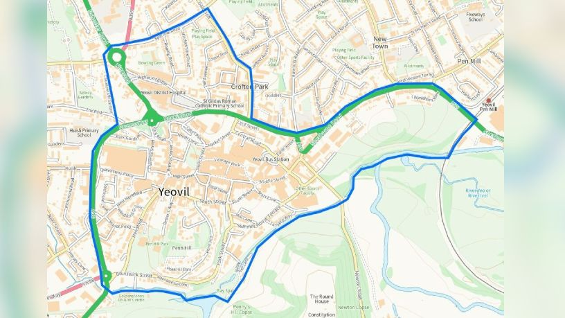 A map of Yeovil, with a blue outline marking a dispersal zone