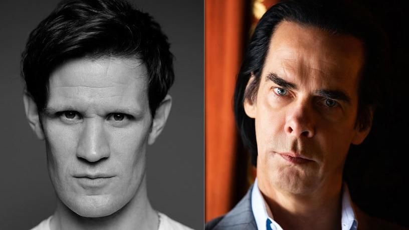 Two headshots side by side showing actor Matt Smith on the left looking moodily into the lens in black and white and on the right a quizzical-looking Nick Cave looks at the camera with his head tilted in front of some red curtains