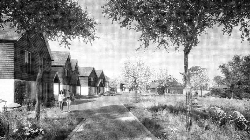 Black and white artist's impression showing a row of semi-tiled houses along a footpath with a grassy area opposite the homes