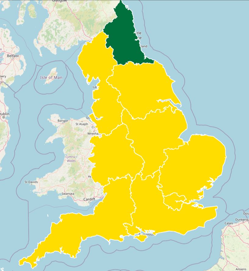 The yellow warning will be in place for all but one region - the northeast