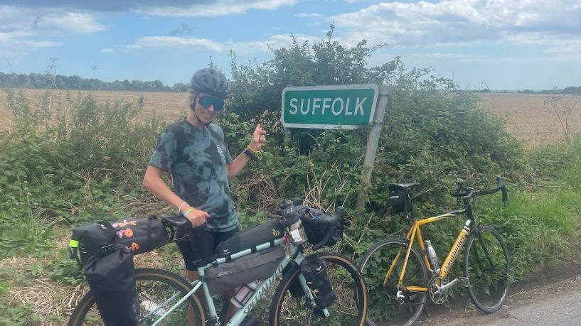 Katy Roberts at the Suffolk county sign