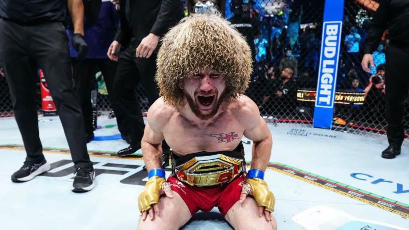 Merab Dvalishvili celebrates after beating Sean O'Malley at UFC Noche in Las Vegas