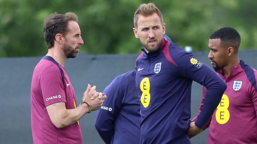 England manager Gareth Southgate and captain Harry Kane is discussion before the Euro 2024 opener against Serbia