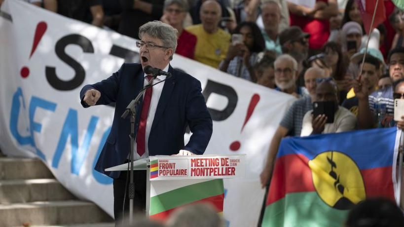 Jean-Luc Melenchon, leader of the France Unbowed party, speaks during an campaign rally in Montpellier