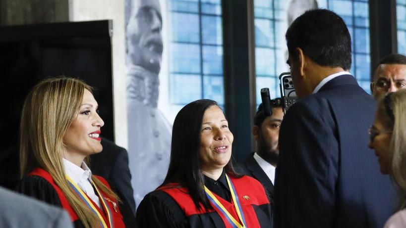 nezuelan President Nicolas Maduro greets the President of the Venezuela's Supreme Court of Justice Caryslia Rodriguez upon his arrival at the TSJ headquarters in Caracas, Venezuela on July 31, 2024.