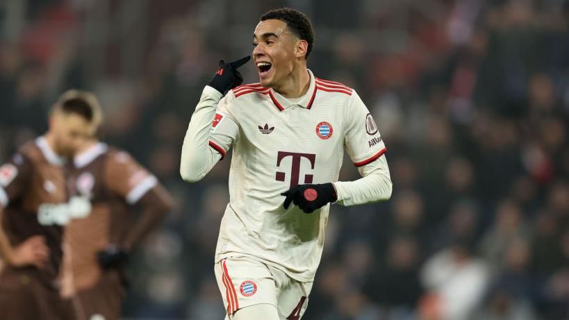 Jamal Musiala celebrates scoring for Bayern Munich