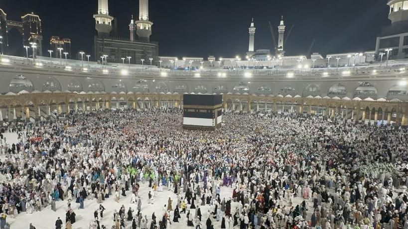 Pilgrims worshipping at the Kaaba in Mecca during the Hajj pilgrimage
