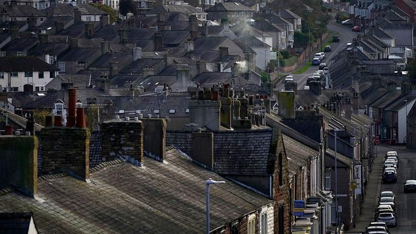Drone view of streets and rooftops in Workington