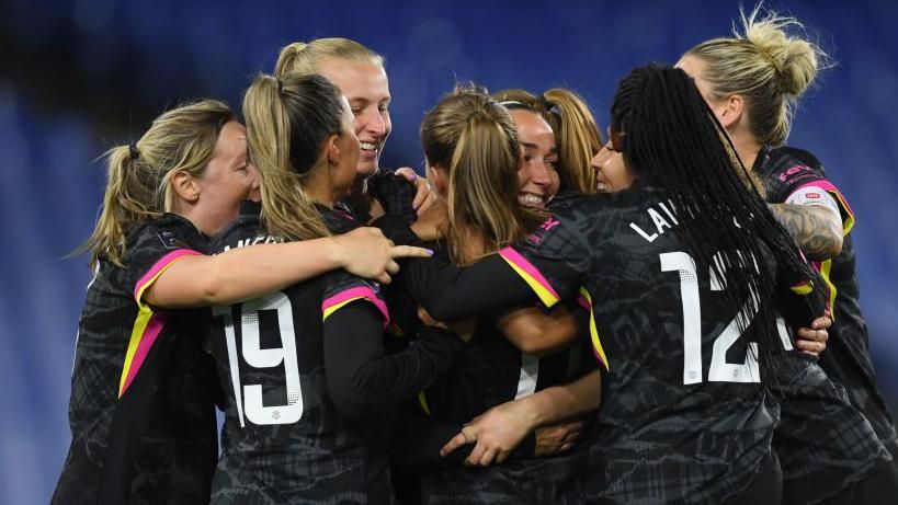 Chelsea players celebrate Lucy Bronze's goal against Crystal Palace