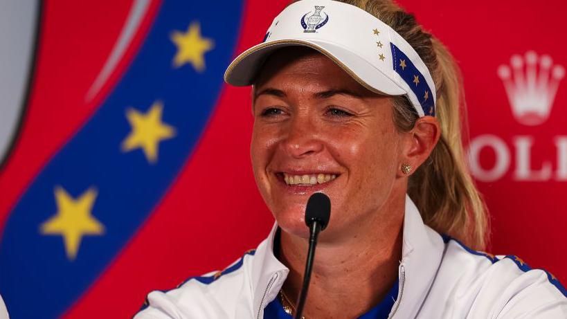 Europe Solheim Cup captain Suzann Pettersen speaking at a news conference on Tuesday