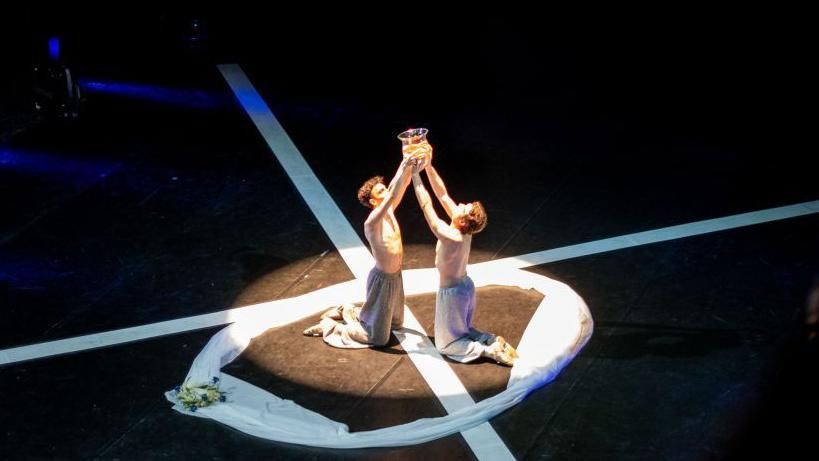 Ballet dancers dance on a theatre stage during a ballet performance on December 11, 2022 in Lviv, Ukraine. 