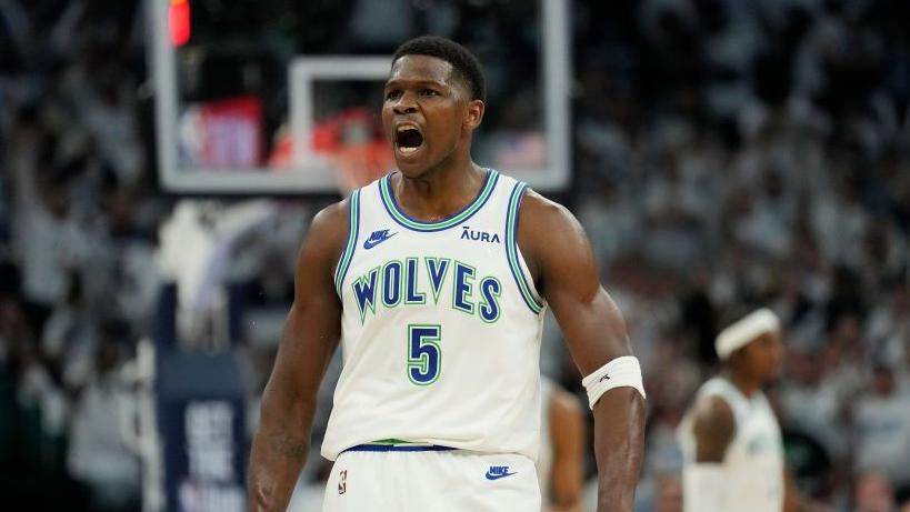 Minnesota Timberwolves player Anthony Edwards celebrates at half-time against the Pheonix Suns in the 2024 NBA Play-Offs.