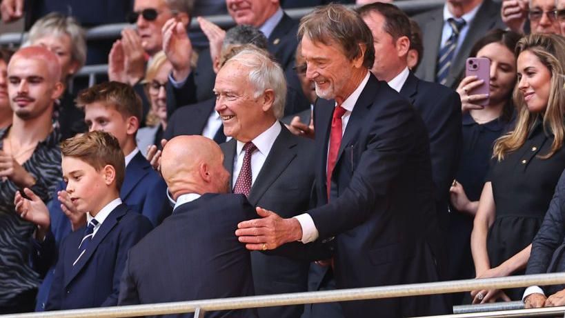 Manchester United co-owner Sir Jim Ratcliffe greets manager Erik ten Haag after the FA Cup Final win