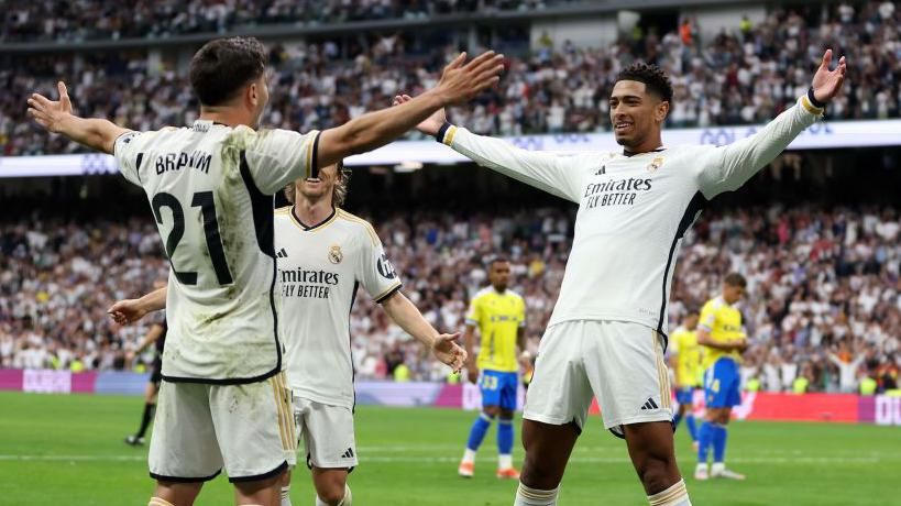 Jude Bellingham and Brahim Diaz celebrate scoring for Real Madrid