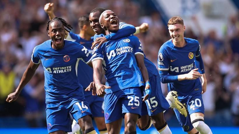 Moises Caicedo celebrates with Chelsea team-mates