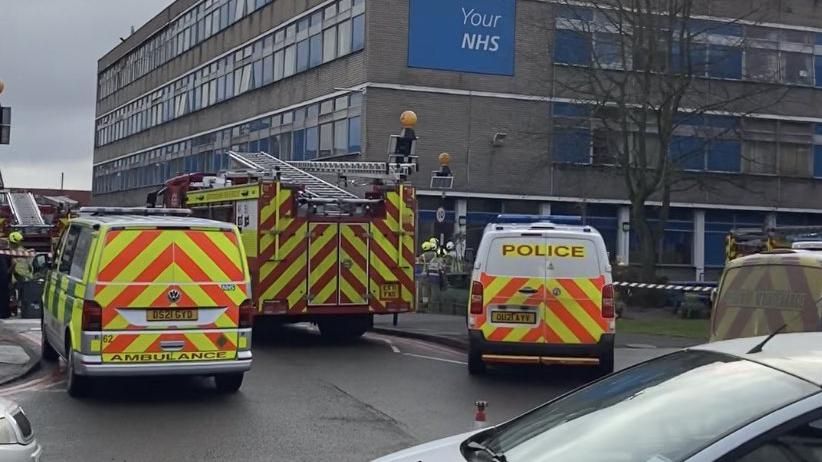 Fire crews and police at Watford General Hospital