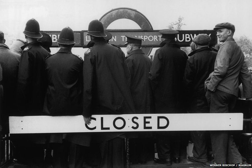Police at a closed tube station, 1953