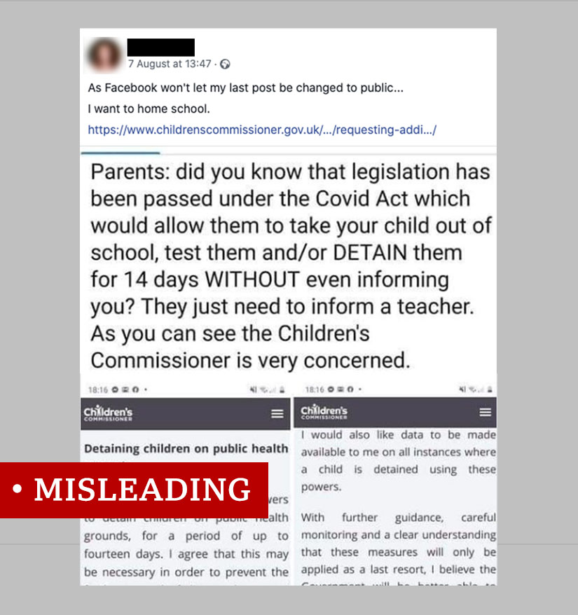 Facebook post suggesting pupils can be detained for 14 days without parental consent