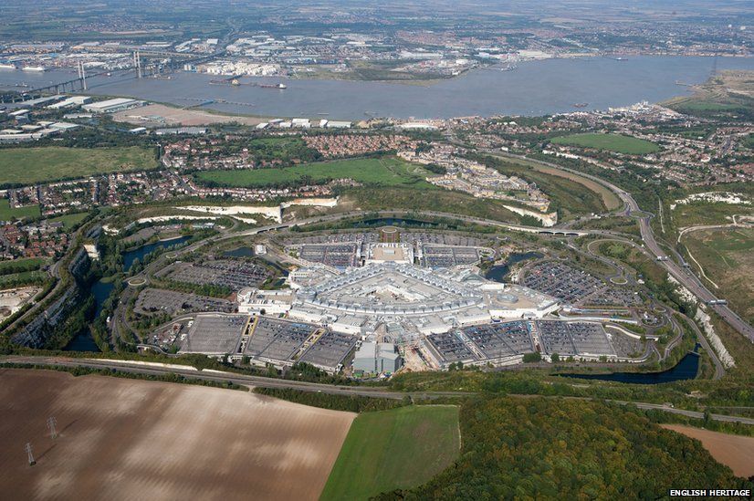 Aerial view of Bluewater shopping centre beside the River Thames.