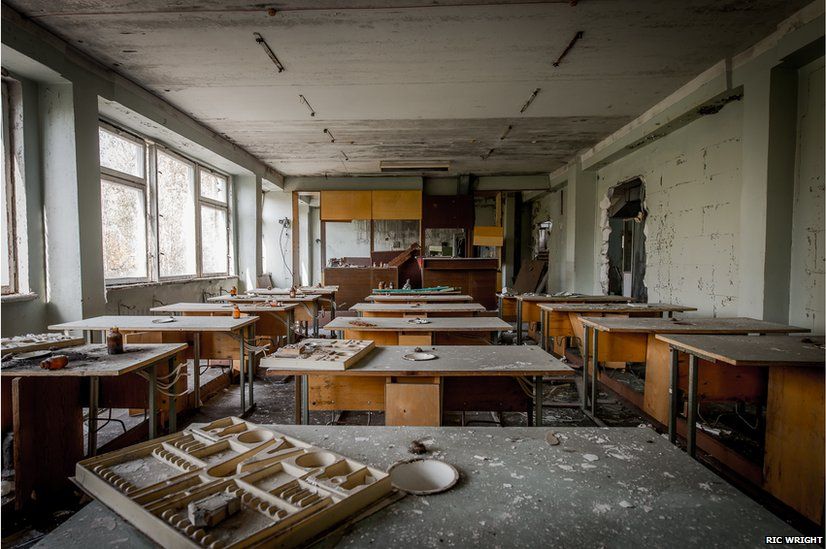 A school room in Middle School Five next to the stadium in east Pripyat,