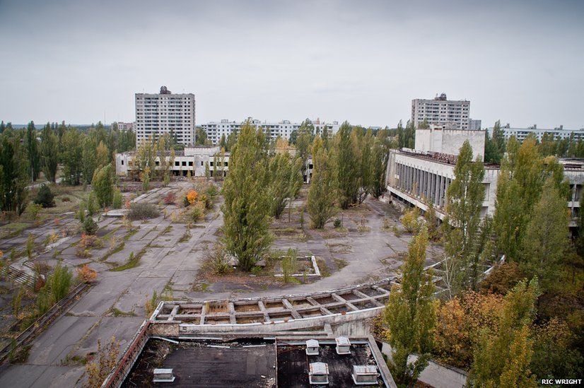 Main square of Pripyat city from the top floor of the Polesk hotel