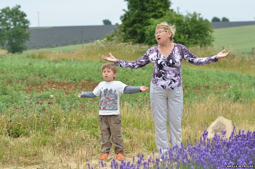 Woman and child in lavender field