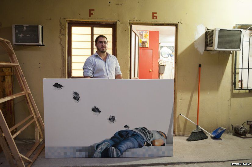 Painter Humberto Ramirez in front of his studio in Reynosa, Tamaulipas, Mexico