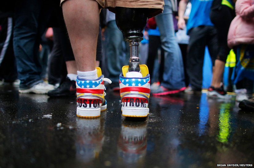 The shoes of 2013 Boston Marathon bombing survivor JP Norden