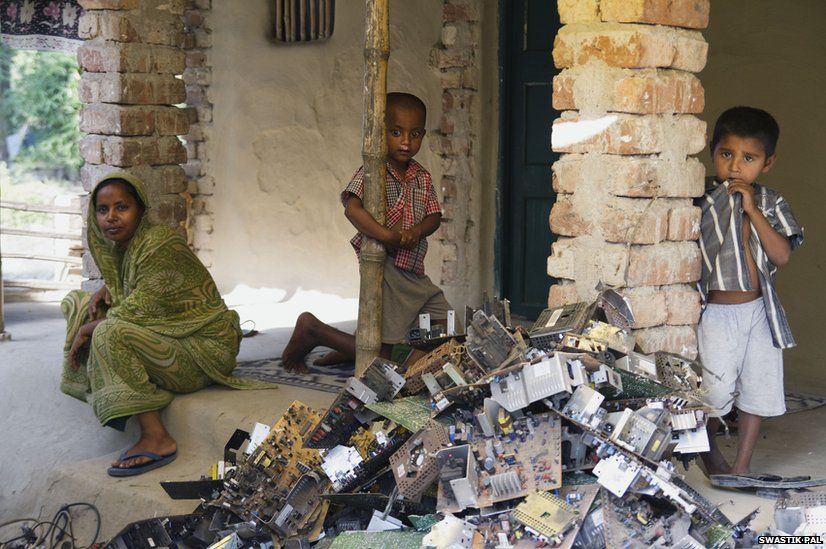 Huge piles of extracted motherboards and PCB’S are dumped inside the courtyard of one of the village house. Life in this village for one and all revolves around several layers of E-Waste.