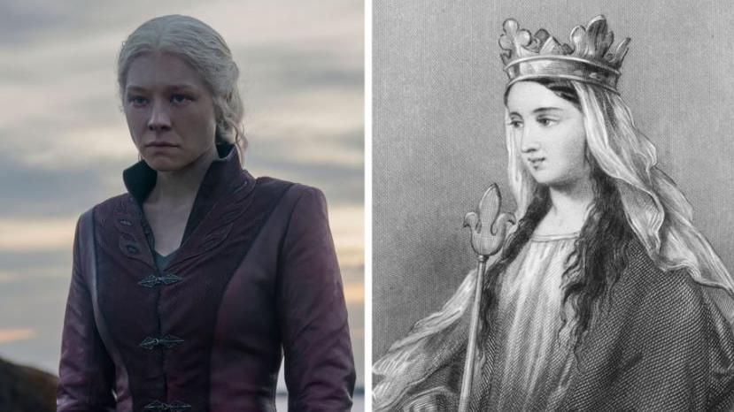 Emma D'Arcy as Rhaenyra Targaryen and a portrait of Empress Matilda