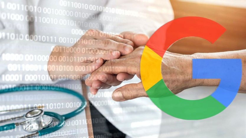 Doctor holding patient's hand alongside Google logo