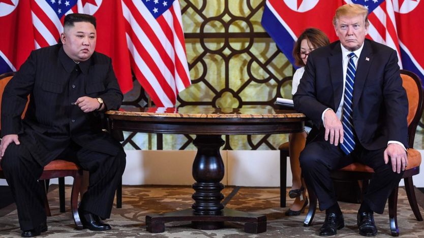 US President Donald Trump (R) holds a meeting with North Korea"s leader Kim Jong Un during the second US-North Korea summit at the Sofitel Legend Metropole hotel in Hanoi on February 28, 2019
