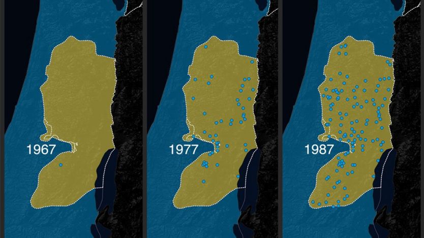 Peta permukiman Israel di Tepi Barat 1967-1987.