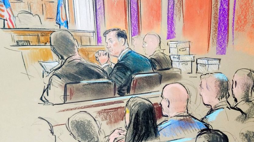 Paul Manafort is shown in a sketch as he sits in federal court on the opening day of his trial on bank and tax fraud charges stemming from Special Counsel Robert Mueller's investigation into Russian meddling in the 2016 presidential election, 31 July 2018