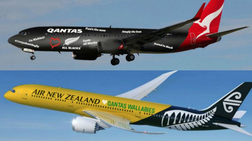 Digitally altered images from Air New Zealand and Qantas show both companies' planes in opposing colours.