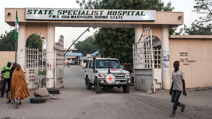 A Red Cross vehicle leaves the Maiduguri State Specialist Hospital grounds