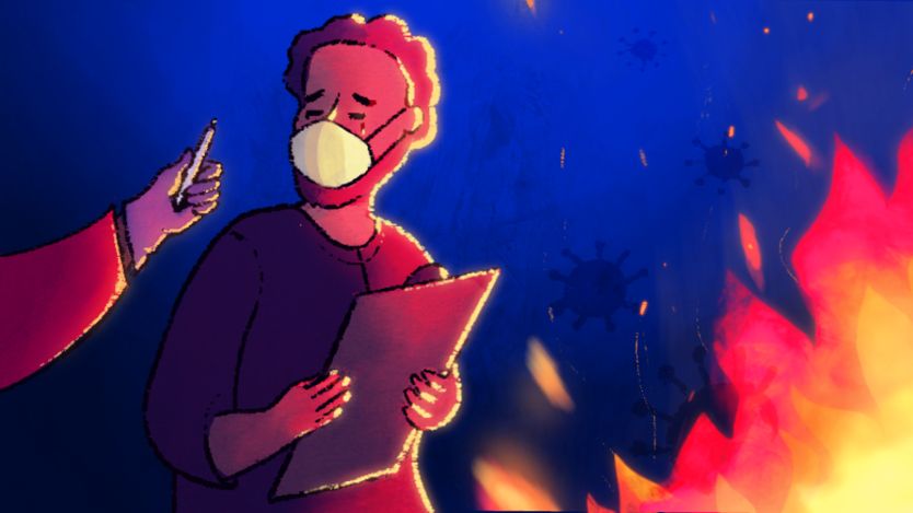 covid19, virus corona, muslim, Illustration of a man wearing a mask being handed a pen to sign a form while a fire burns next to him, representing cremation